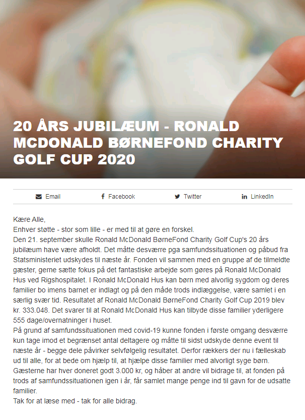 Ekstraordinær indsamling til Ronald McDonald Børnefond, ifm charity golf cup 2020
